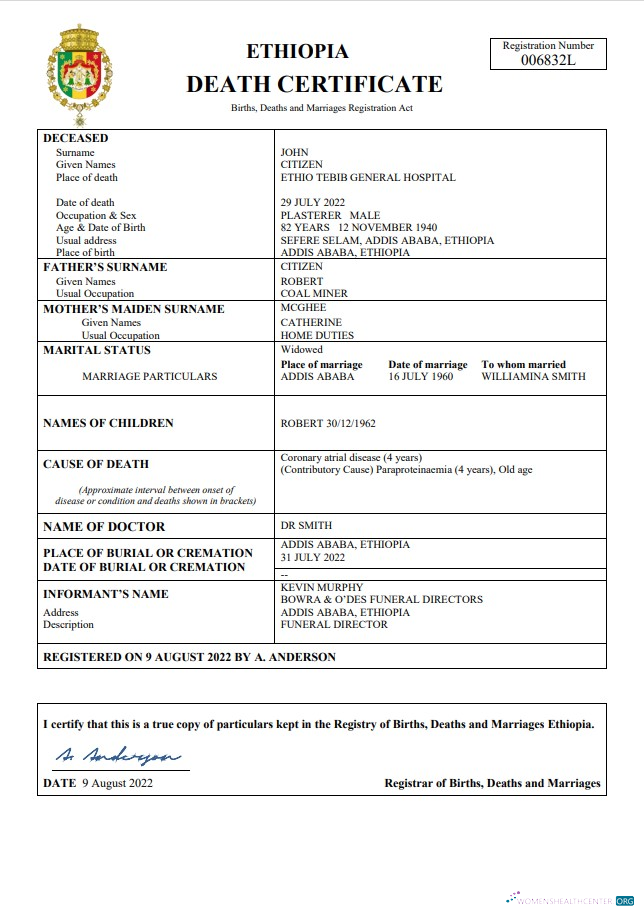 Download Ethiopia vital record death certificate Word and PDF template Photoshop template